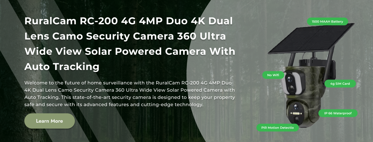 RuralCam RC-200 4G 4MP Duo 4K Dual Lens Camo Security Camera 360 Ultra Wide View Solar Powered Camera With Auto Tracking